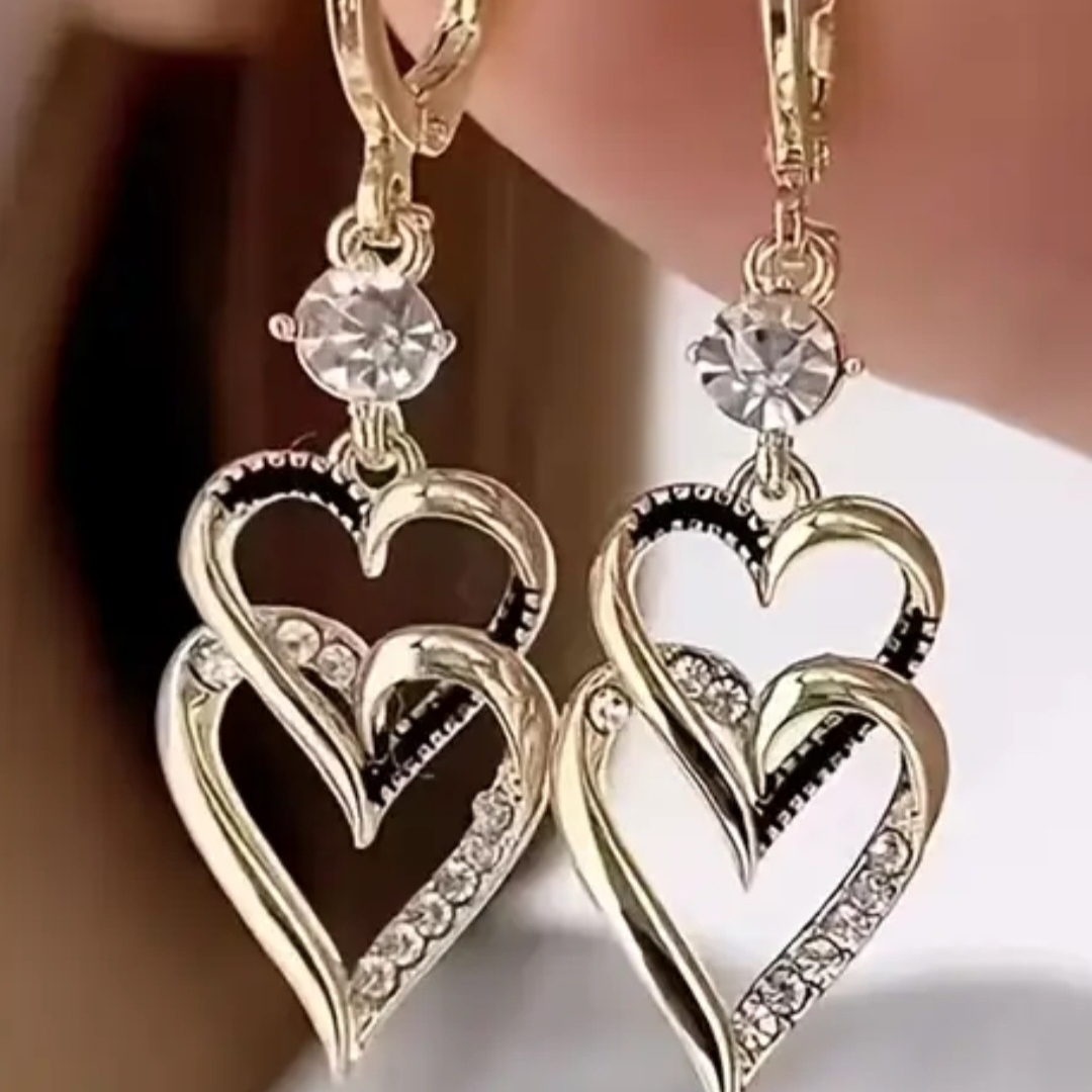 Elegant Gold Heart Cubic Zirconia Encrusted Dangle Earrings